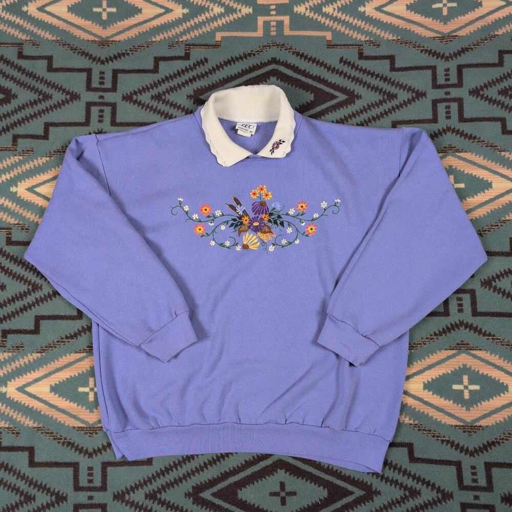 Vintage Purple Floral Embroidered Women's sweater XL Purple cottage core 90's